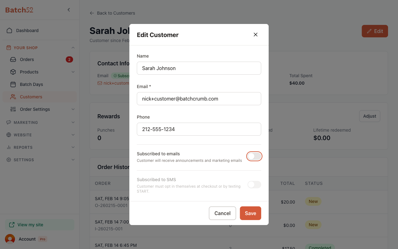 Edit Customer modal with the Subscribed to emails toggle turned off