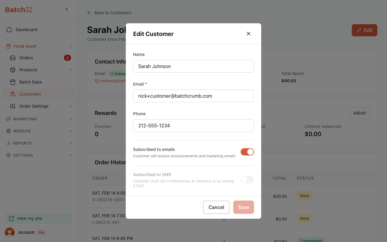 Edit Customer modal with the Subscribed to emails toggle turned on