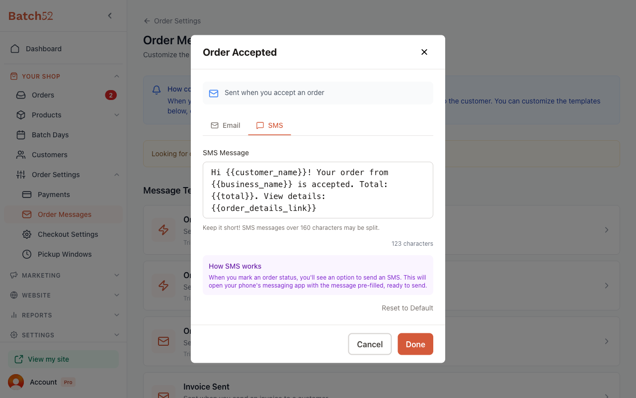 Order Accepted editor showing the SMS tab with message field and character counter