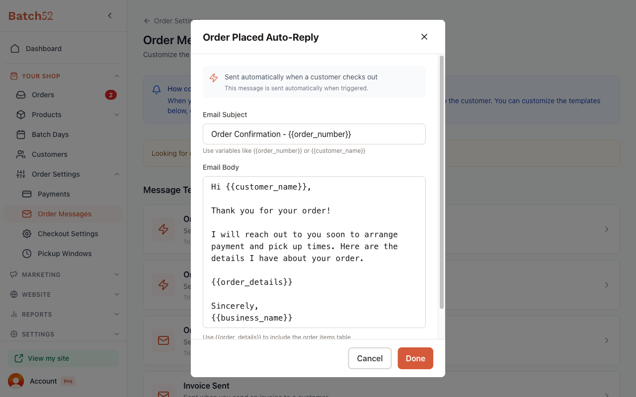 Order Placed Auto-Reply editor showing Email Subject and Email Body fields