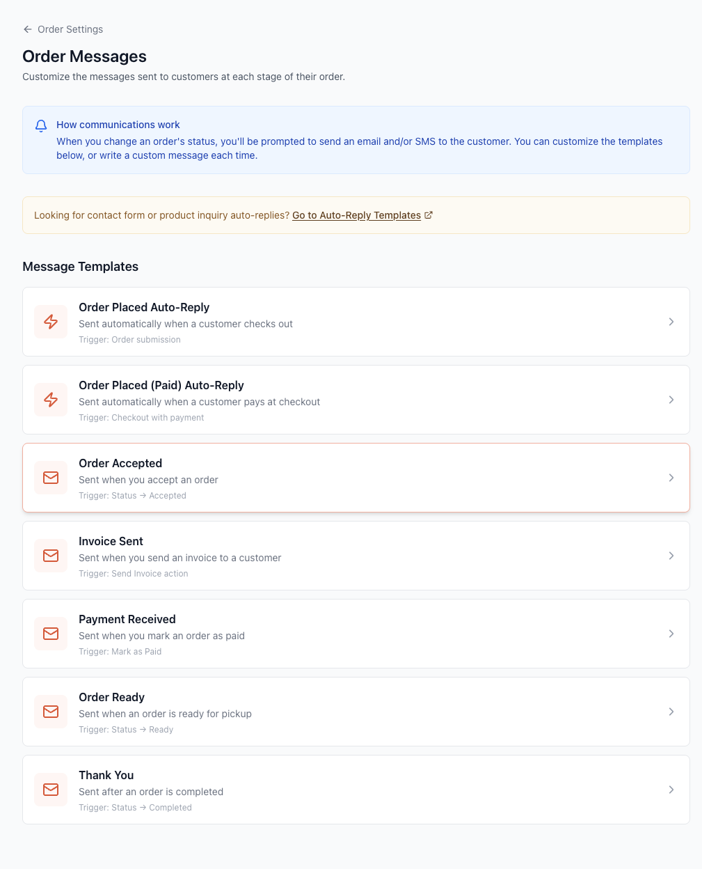 Order Messages page showing all seven message templates