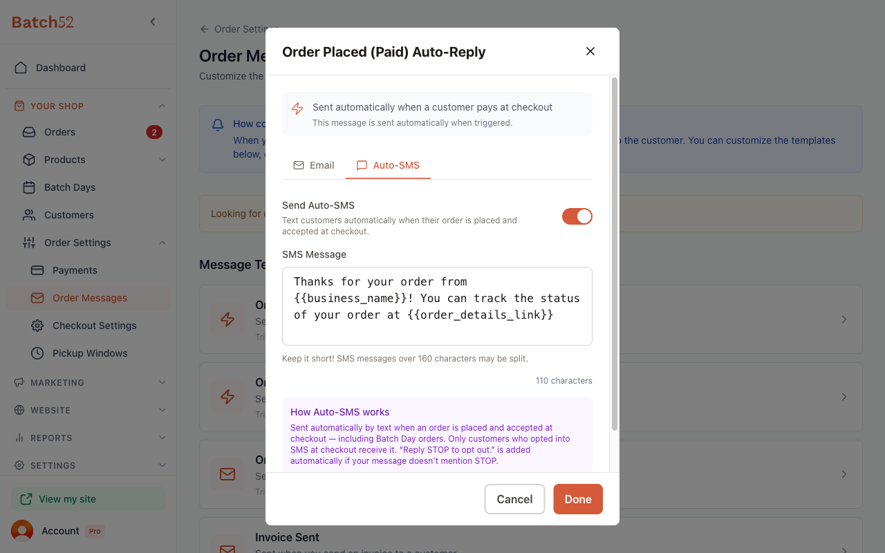 Order Placed (Paid) Auto-Reply editor showing the Auto-SMS tab with the Send Auto-SMS switch