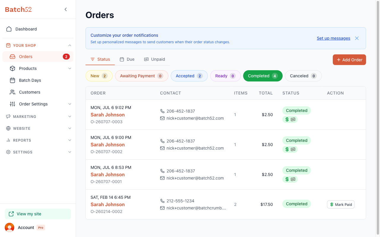 Completed status filter showing a finished order with Mark Paid action