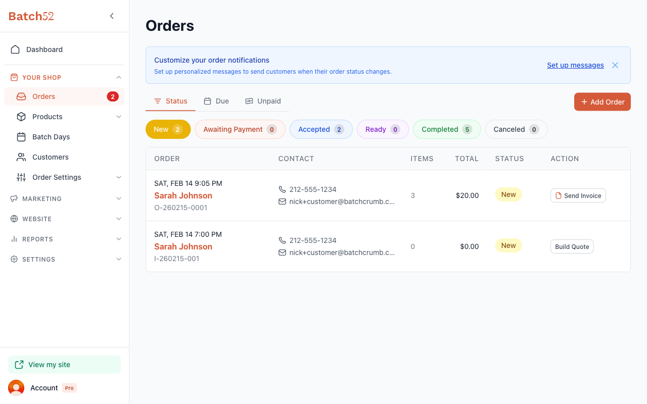 Orders page showing all six status filter buttons: New, Awaiting Payment, Accepted, Ready, Completed, and Canceled