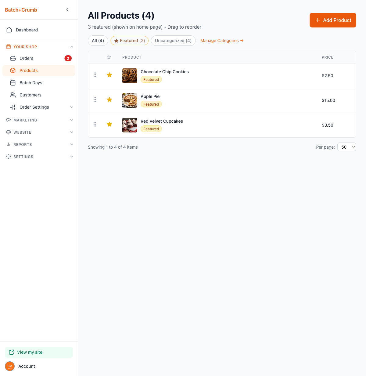 Featured filter showing only the 3 featured products