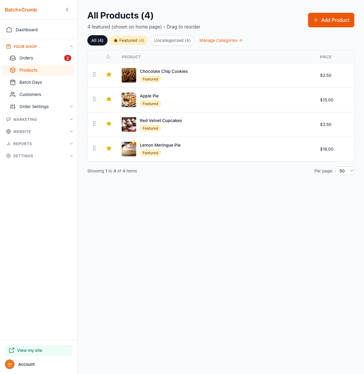 Products page with drag handles visible