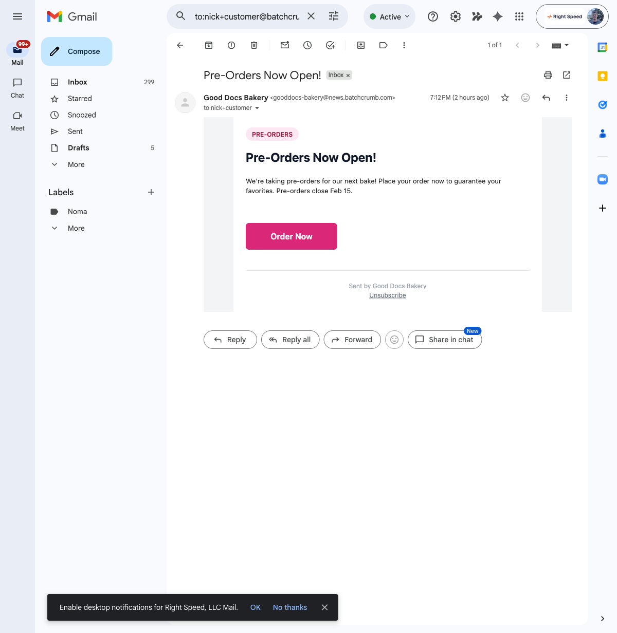Announcement email showing the Unsubscribe link at the bottom below "Sent by Good Docs Bakery"