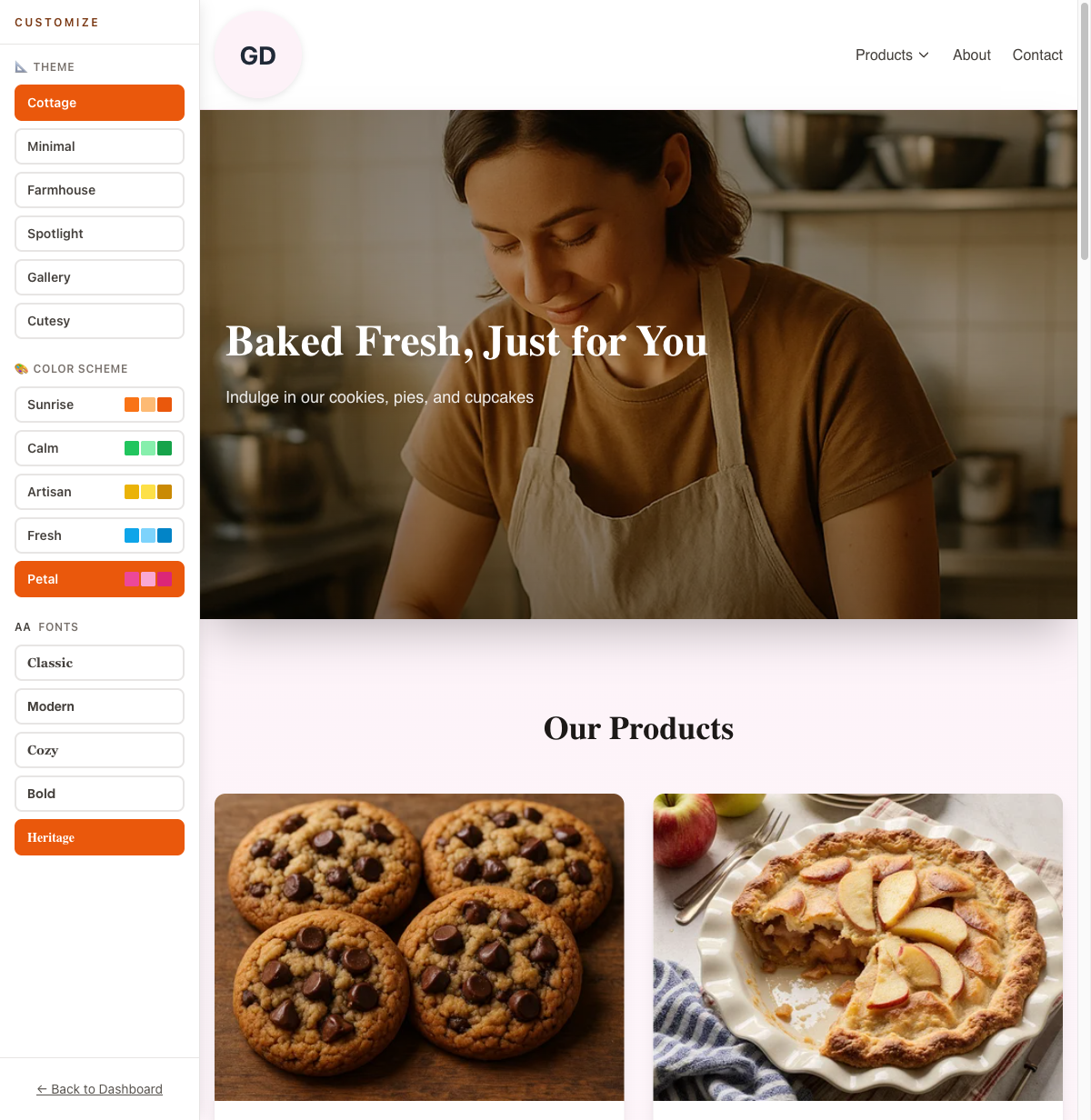 Cottage theme selected showing full-width hero layout