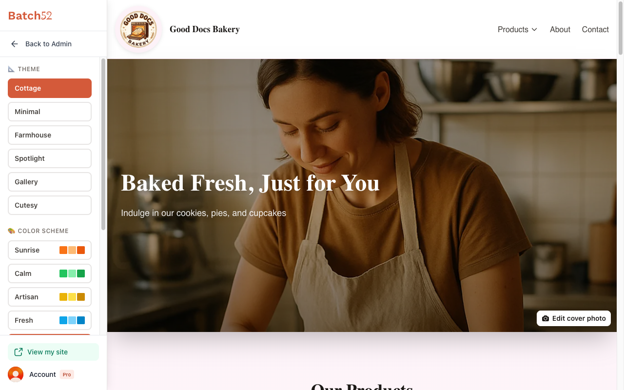 The Cottage theme applied, showing a full-width hero image layout