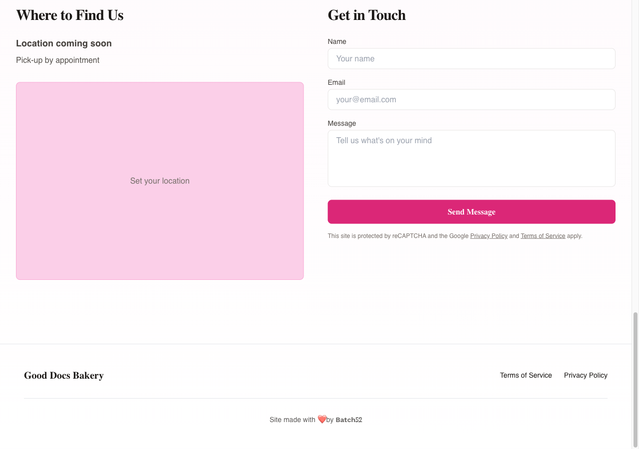 The "Site made with love by Batch52" line in the footer of a public shop