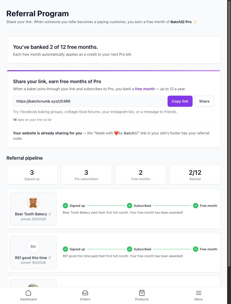 The Referral Program page on an account with earned referrals, showing the banked-months banner and share card