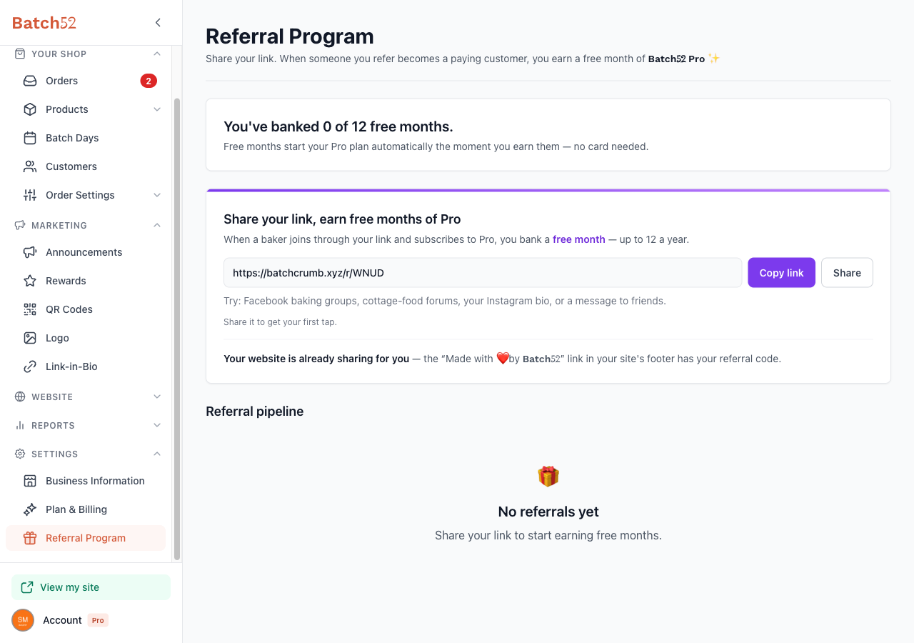 The Referral Program link in the admin sidebar under Settings