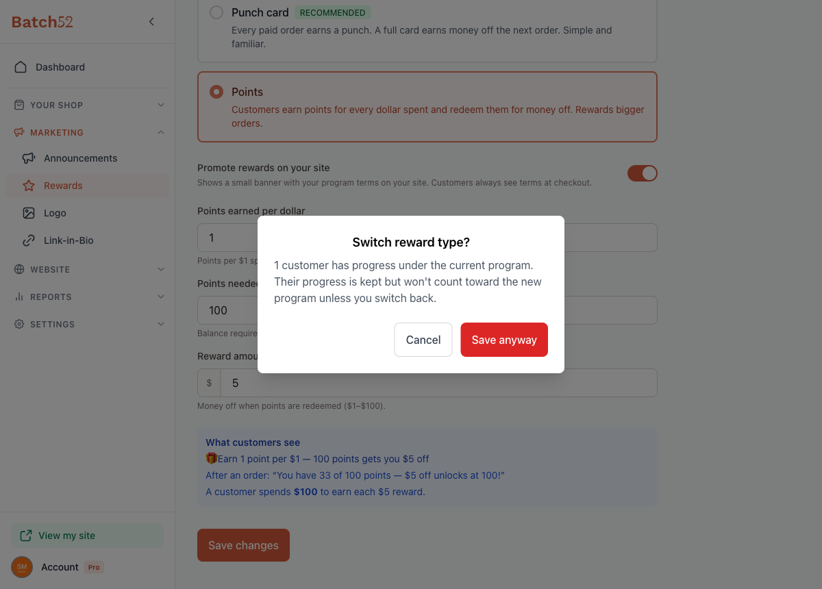 The "Switch reward type?" confirmation dialog warning that a customer has progress under the current program
